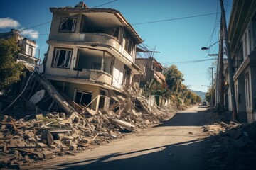 Destroyed houses after a powerful earthquake, city streets littered with stone and concrete