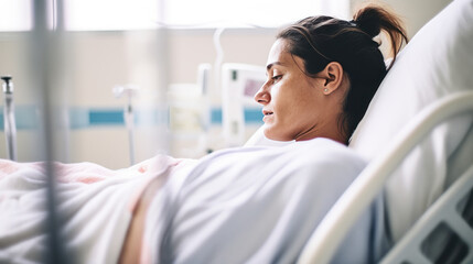 femme malade allongée sur un lit d’hôpital - obrazy, fototapety, plakaty