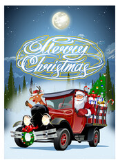 Vector Christmas card with cartoon retro Christmas truck