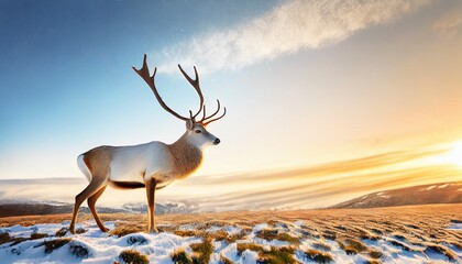 Male deer with big beautiful horns during winter on the field, macro photo. Christmas concept. Happy new year.