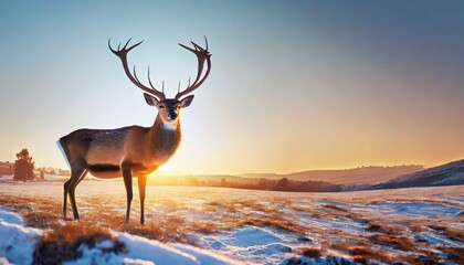 Naklejka premium Male deer with big beautiful horns during winter on the field, macro photo. Christmas concept. Happy new year. 