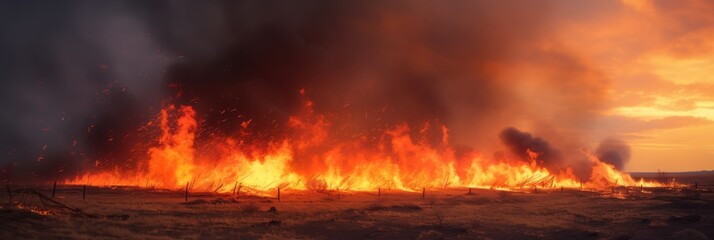 Fire on the field, the steppe is burning, the crop is destroyed due to fire, banner