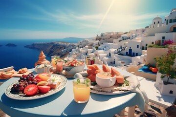 Naklejka premium Colorful tropical breakfast on the island of Santorini