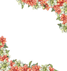 Flowers square frame with dahlia, watercolor illustration for cards, backgrounds. Watercolor illustration for scrapbooking. Hand drawn background with flower for your design. Perfect for wedding invit