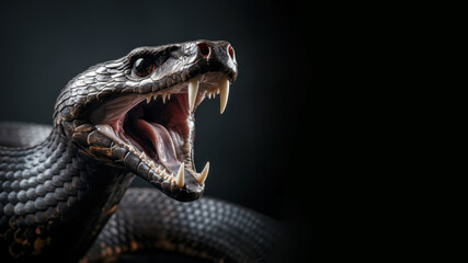 Black snake with open mouth ready to attack isolated on gray background
