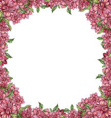 Flowers square frame with dahlia, watercolor illustration for cards, backgrounds. Watercolor illustration for scrapbooking. Hand drawn background with flower for your design. Perfect for wedding invit