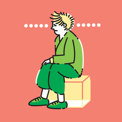 A person sits on a box staring blankly