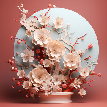 Picture of a beautiful Japanese style three-dimensional sakura base flower vase. Generative AI