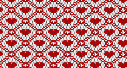 Red geometric and heart on white knitted pattern, Festive Sweater Design. Seamless Knitted Pattern - obrazy, fototapety, plakaty