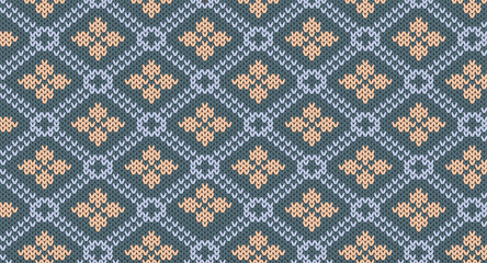 Orange flower and geometric on green knitted pattern, Festive Sweater Design. Seamless Knitted Pattern