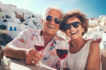 Happy senior couple drinking in Santorini