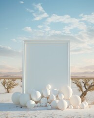 A large, tall blank canvas in the middle of the desert, surrounded by a pile of white orbs at its base