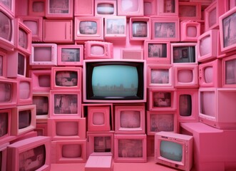 A striking array of pink vintage televisions with a prominent central tv showcasing a skyline - obrazy, fototapety, plakaty