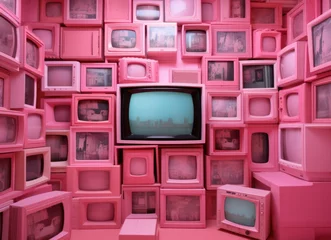 Tuinposter A striking array of pink vintage televisions with a prominent central tv showcasing a skyline © Glittering Humanity