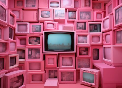 Fototapeta A striking array of pink vintage televisions with a prominent central tv showcasing a skyline