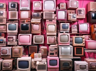Various vintage television models stacked against a wall, displaying a retro feel - obrazy, fototapety, plakaty