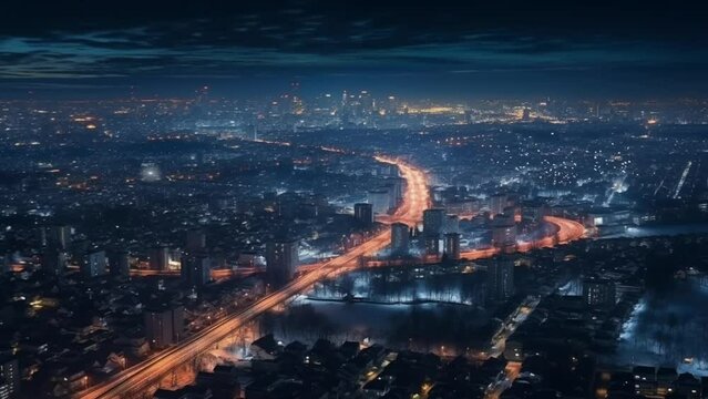 panorama of the urban city in winter with beautiful firework. night city view. new year. top view urban landscape in winter. animation cartoon style video art design