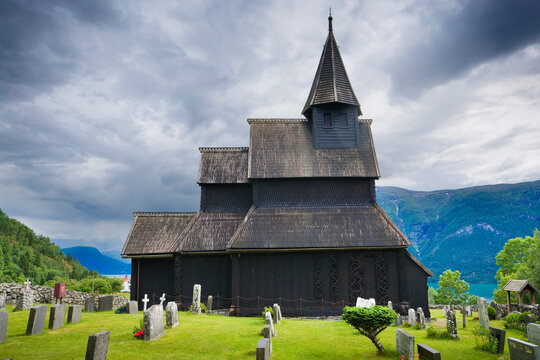 Urnes stave church in Ornes, along the Lustrafjorden, Norway