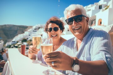 Happy senior couple drinking in Santorini