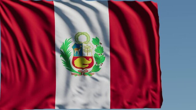 Close-up of the national flag of Peru flutters in the wind on a sunny day , 4k slow motion