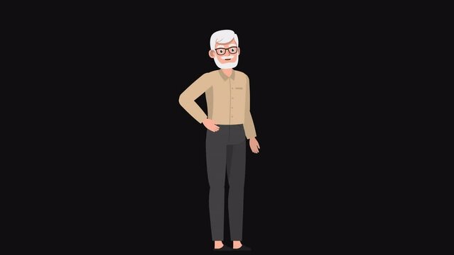 High resolution 2d cartoon old man character talking on alpha channel background in seamless loop.