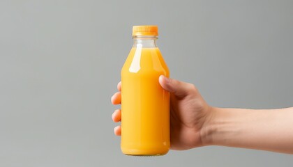 hand holding bottle of fresh orange juice, Juice Bottle Mock-Up - Male hands holding a juice bottle on a gray background - obrazy, fototapety, plakaty