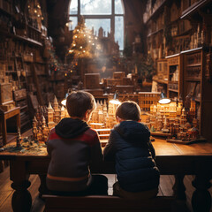 Fototapeta premium Shown from behind a two young boys both sitting at a large wooden desk in a beautiful office library in a snowy small town telling stories
