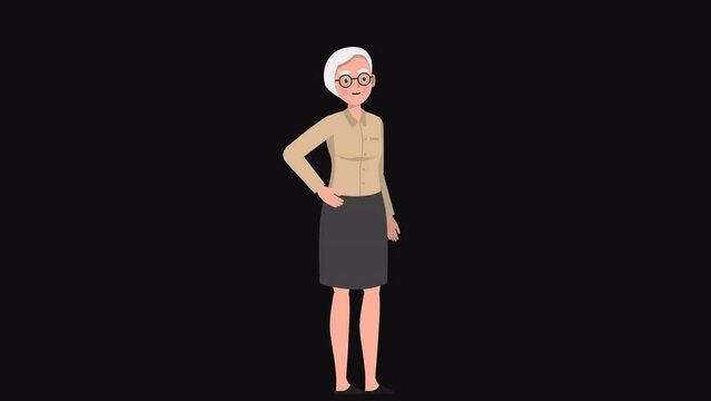 High resolution 2d cartoon old woman character talking on alpha channel background in seamless loop.