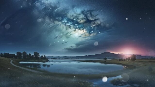 Panoramic Starry night Milky way with lake. beautiful view. In cartoon or anime watercolor illustration style looping video background