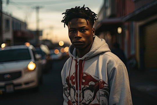Portrait of a serious young African American male in urban setting at sunset for fashion and lifestyle branding