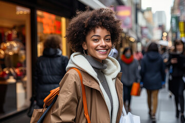 Smiling young African American woman enjoying shopping in a vibrant urban setting with a leisure and lifestyle theme