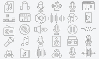 Fototapeta na wymiar Editable simple line stroke vector icon set, audio wave, speaker, Soundtrack, Sound wave, Headphone and more.
