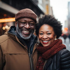 Smiling African American mature couple showcasing love and affection in stylish winter clothing on an urban street aligns with fashion and lifestyle industries