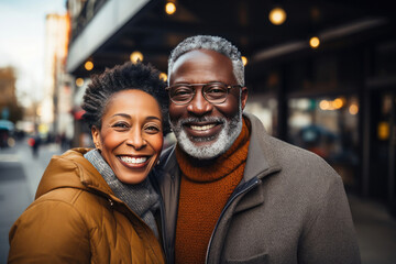 Obraz premium Happy middle-aged African-American couple in stylish winter clothing sharing a joyful moment on a vibrant city street suggesting leisure fashion or relationship themes