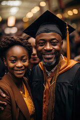 Obraz premium Graduation day celebration for a man and woman of African descent showcasing happiness academic success family support and achievement