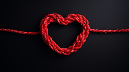 Red rope heart shape on black background.  - obrazy, fototapety, plakaty