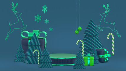 Concept new year mockup. Empty green and blue round podium with a Christmas decorations. Christmas tree, candy cane, snowflakes, gift boxes, and red balls. Mock up. 3d rendering