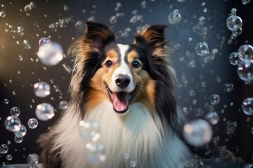 A happy dog takes a bath with foam and soap bubbles in pet grooming salon. Caring for the charming black tricolor Sheltie puppy. Generative AI.