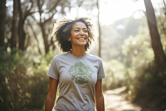 Smiling African American woman enjoying leisure walk amidst nature evoking joy wellness and freedom for healthy lifestyle campaigns