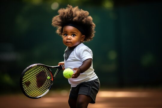 Lovely african american little girl baby with tennis racket