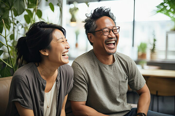 Asian male and female in casual clothing enjoying a lighthearted laugh together in a restaurant setting portraying joy happiness and a vibrant connection suited for lifestyle and socializing content - Powered by Adobe