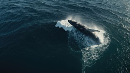 Naklejka premium Humpback whale breaching the surface of the deep blue sea, creating a spectacular splash and foam around its colossal form, symbolizing nature's grandeur and the beauty of marine life.