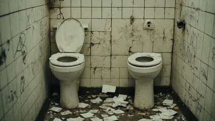 A neglected bathroom scene captures the grim reality of urban decay, with graffiti-covered walls, a dirtied toilet, and scattered trash, reflecting a space forgotten by time and maintenance.
