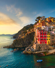 Riomaggiore fishing village at sunset. Cinque Terre, Italy - obrazy, fototapety, plakaty