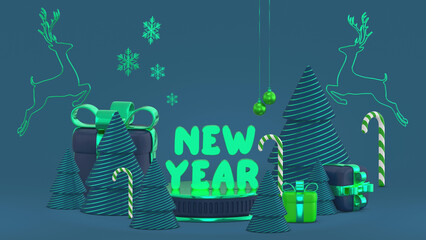 Concept new year mockup. Empty green and blue round podium with a Christmas decorations. Christmas tree, candy cane, snowflakes, gift boxes, and red balls. Mock up. 3d rendering
