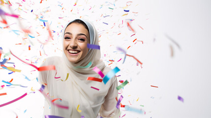 Model laughing, celebrating birthday, event, football, achievement,  new years, in an explosion of confetti 