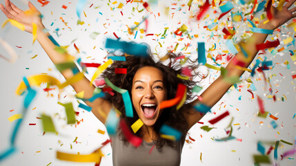 Model laughing, celebrating birthday, event, football, achievement,  new years, in an explosion of confetti  - obrazy, fototapety, plakaty