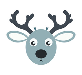 Cute Reindeer Head with Large Antlers. Christmas Deer Vector Illustration in Flat Cartoon Style