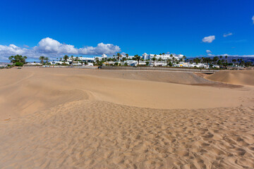 Gran Canaria Maspalomas. Shot from the Dunes with Sand and Sun and the Beach.