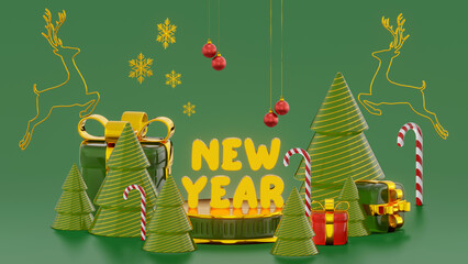 Concept new year mockup. Empty green and gold round podium with a Christmas decorations. Christmas tree, candy cane, snowflakes, gift boxes, and red balls. Mock up. 3d rendering